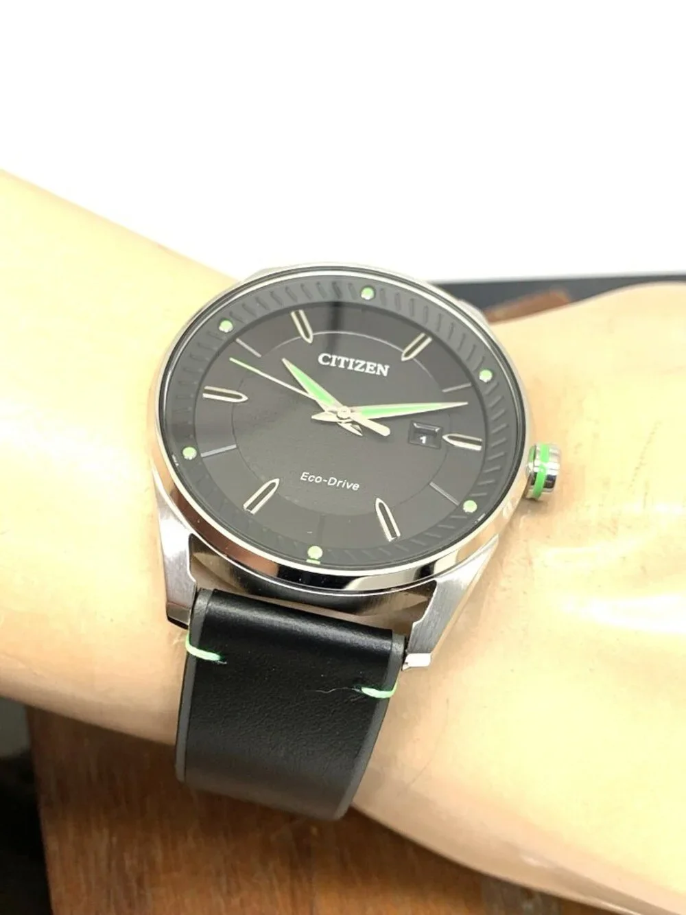 Citizen Men's Watch BM6980-08E Eco-Drive Green Black Dial Leather Band 42mm